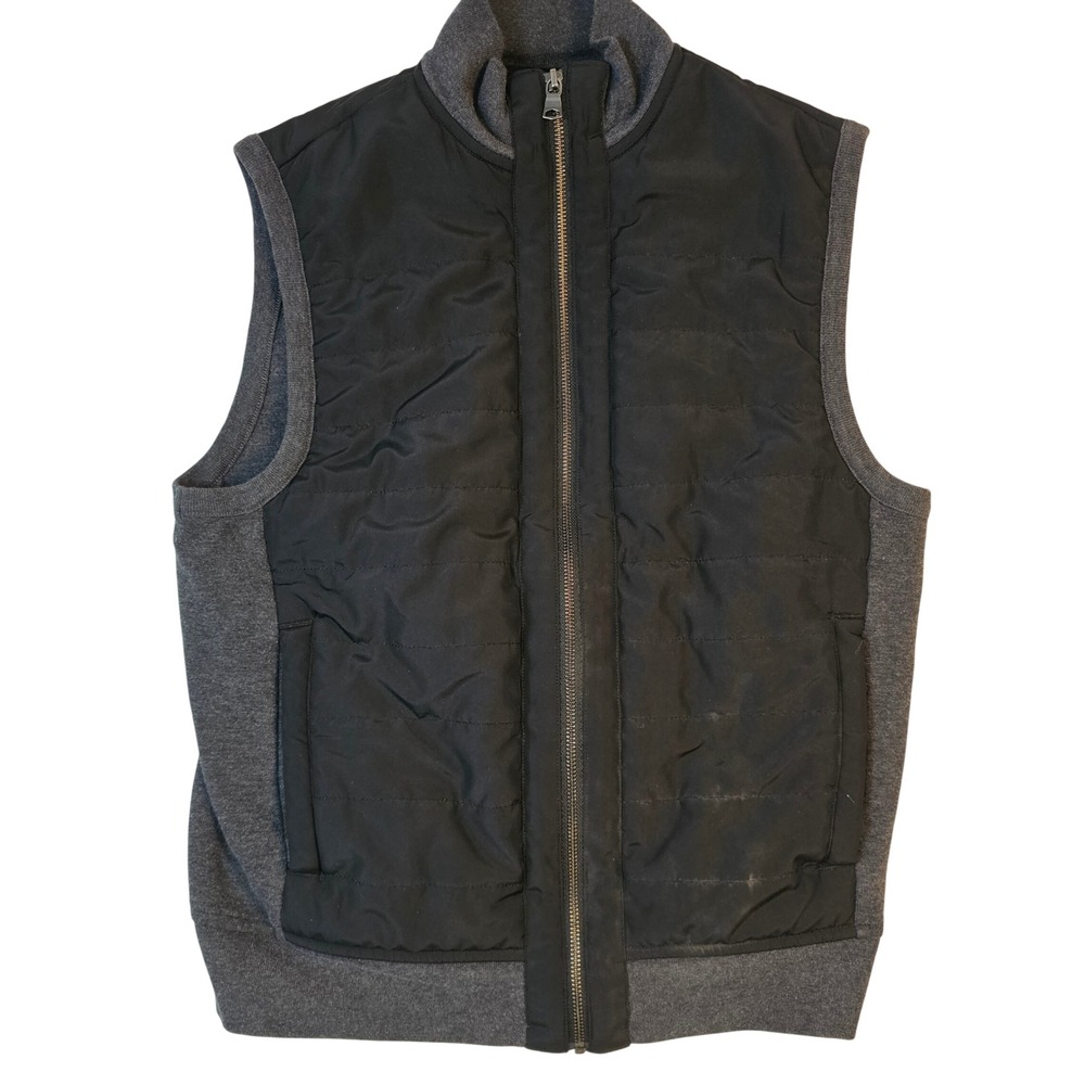 Banana Republic Mens Small Quilted Hybrid Puffer Vest Black Grey Full Zip Mock